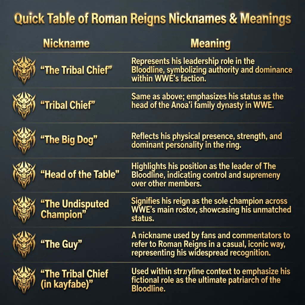 Quick Table of Roman Reigns Nicknames 